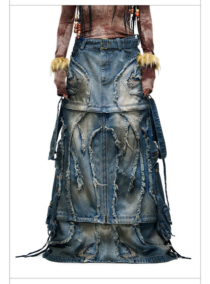 Personsoul Detachable Denim Cargo Skirt [ID:0400SK]