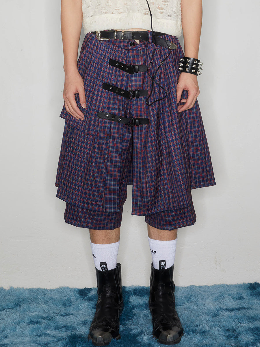 Y2K Harajuku Punk Wide Leg Double Layered Plaid Skirt Shorts [ID:0403PA]