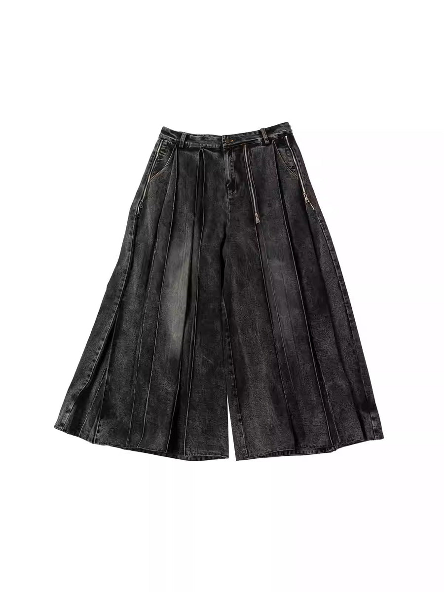 Original Harajuku Style Multi-Zip Pleated Wide Leg Denim Pants [ID:0405PA]