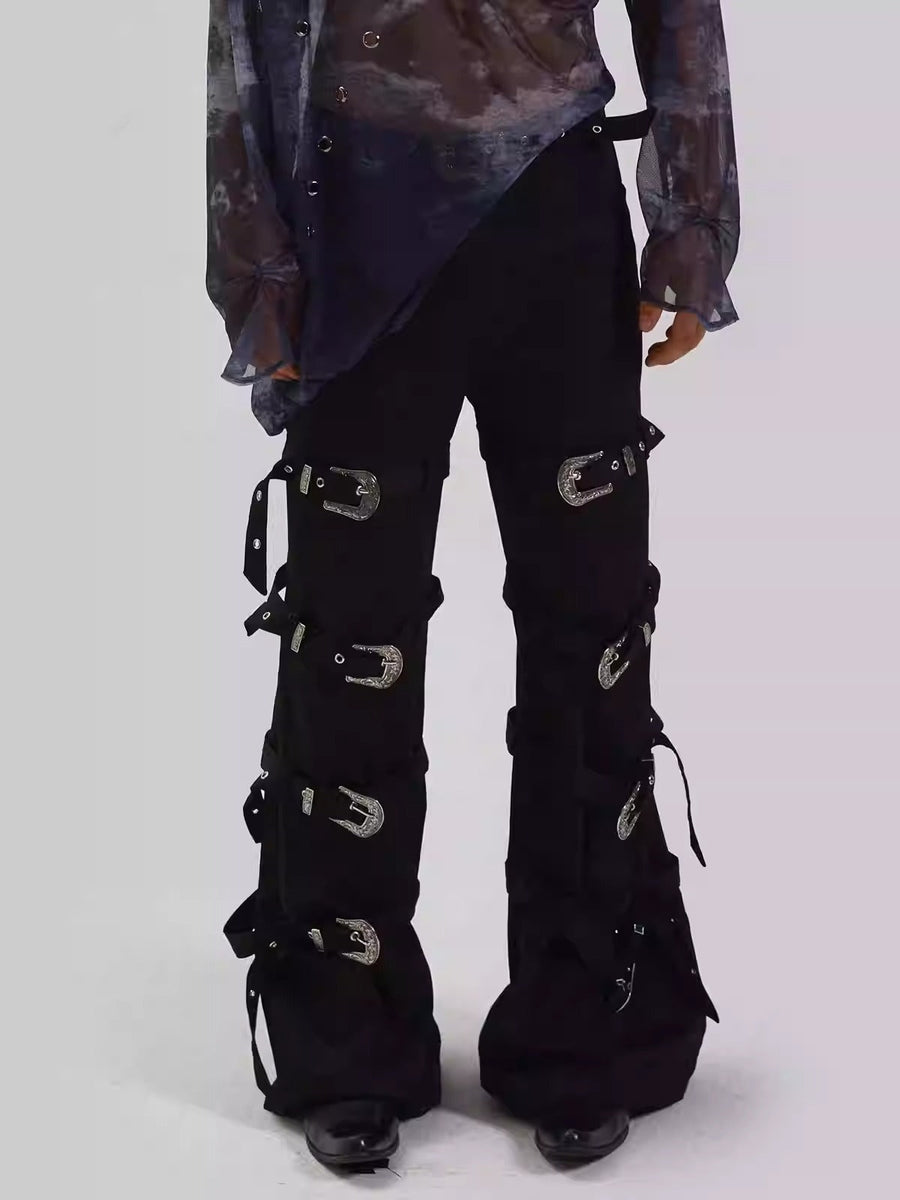 Harajuku Punk Metal Buckle Lace-Up Black Subculture Pants [ID:0406PA]