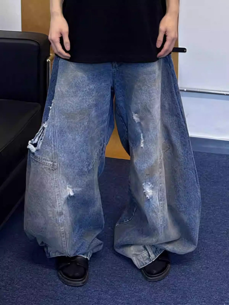 Capper Vintage Wash Distressed Oversized Denim Pants [ID:0408PA]