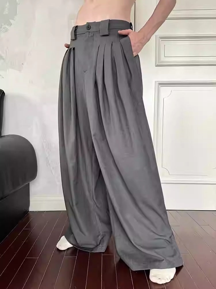 Gray Wide-Leg Pleated Relaxed Casual Trousers [ID:0411PA]