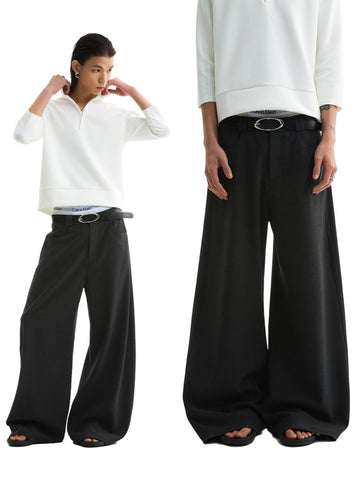 Sleek Black Gray Loose-Fit Curved Blade Shape Casual Trousers [ID:0423PA]