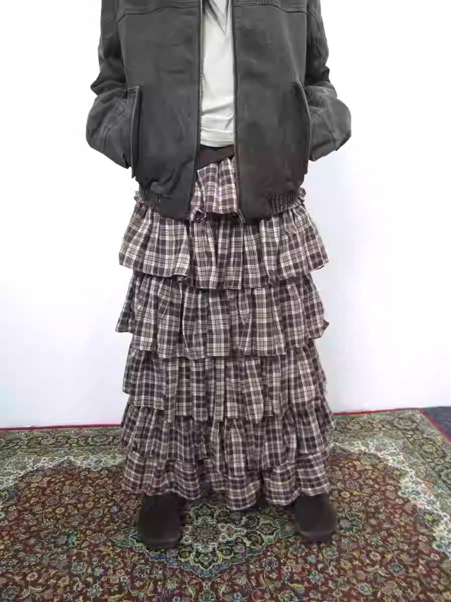 Vintage Layered Plaid Elastic Waist Cake Pleated Long Skirt [ID:0428SK]