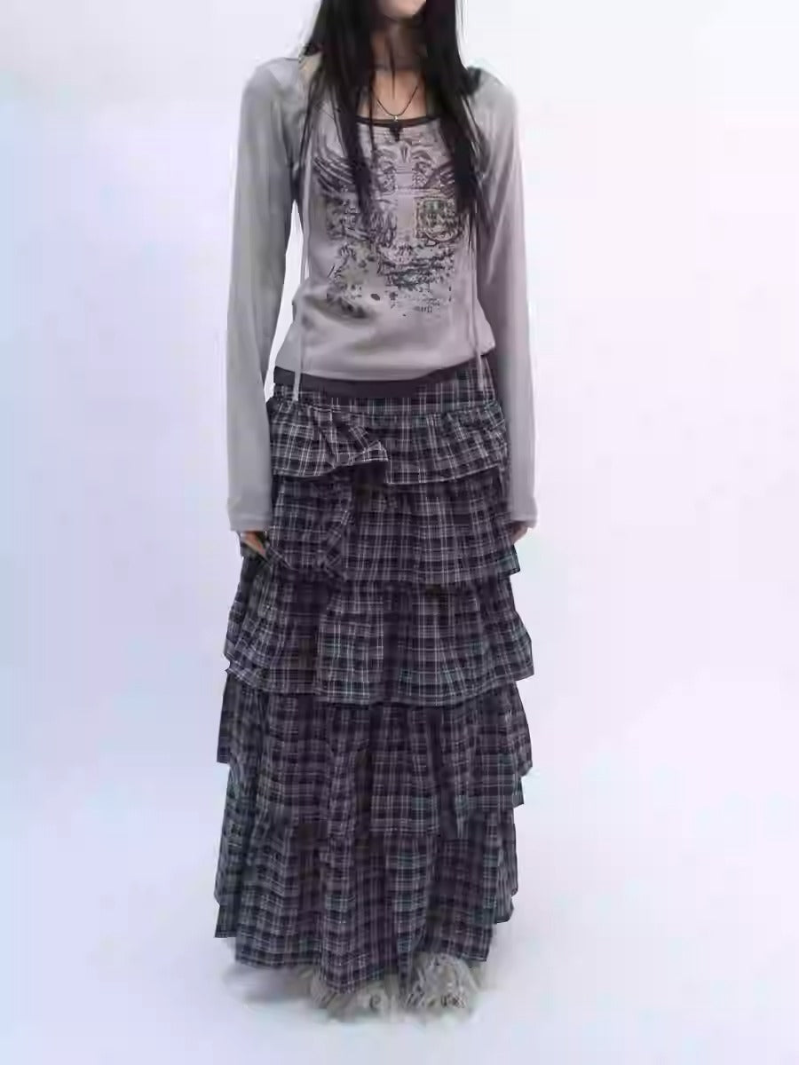 Vintage Layered Plaid High Waist A-Line Cake Tulle Midi Skirt [ID:0429SK]