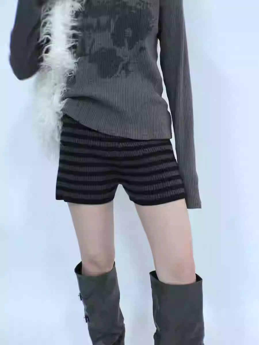 Retro Striped Elastic High Waist Knit Slim Fit Shorts [ID:0430PA]