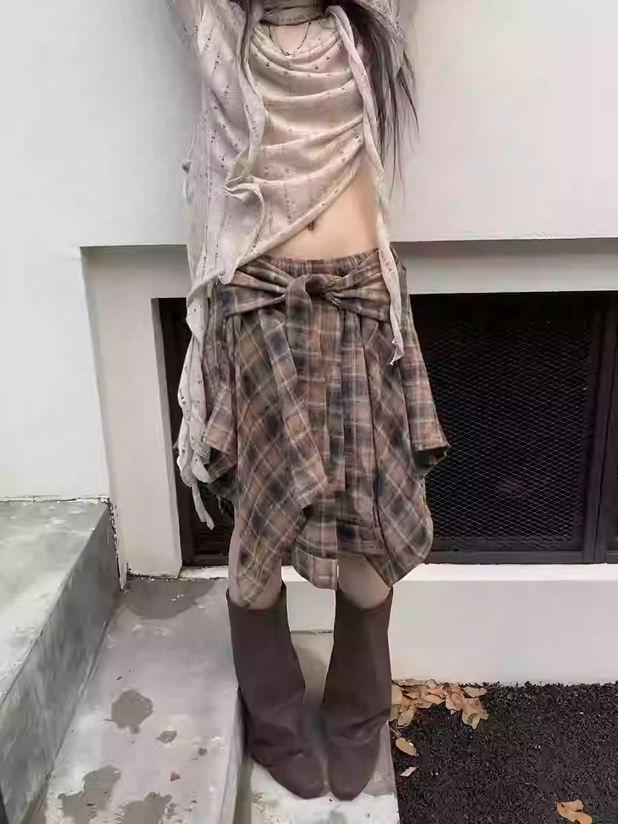 Vintage Irregular Plaid Elastic Waist Tie Skirt [ID:0431SK]