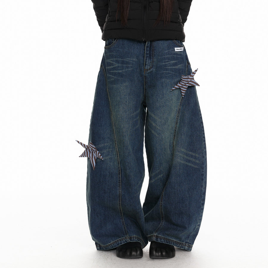 Star Patch Washed Denim Straight Work Pants [ID:0433PA]