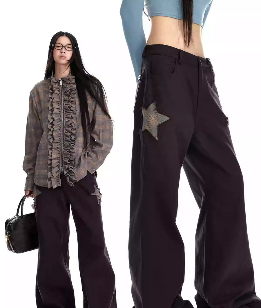Vintage Star Patch Loose Heavy Bell Bottom Long Pants [ID:0436PA]