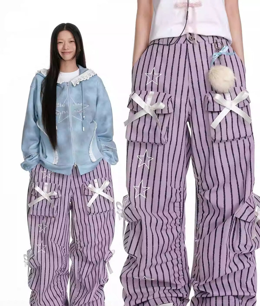 3D Star Stripe Bow Workwear Drawstring Casual Pants [ID:0438PA]