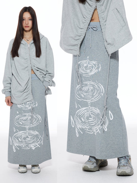 Original Printed Hoodie Retro Flower Gray A-Line Skirt [ID:0441SK]