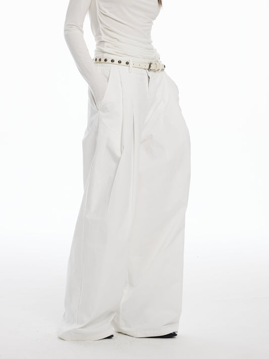 Deconstructed 3D Wide-Leg Casual White Trousers [ID:0442PA]