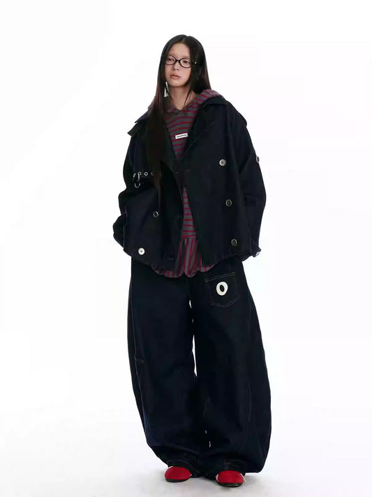 Layered Cut Raw Denim Curved Blade Wide-Leg Pants [ID:0443PA]