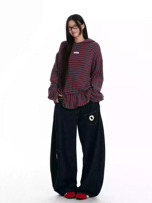 Layered Cut Raw Denim Curved Blade Wide-Leg Pants [ID:0443PA]