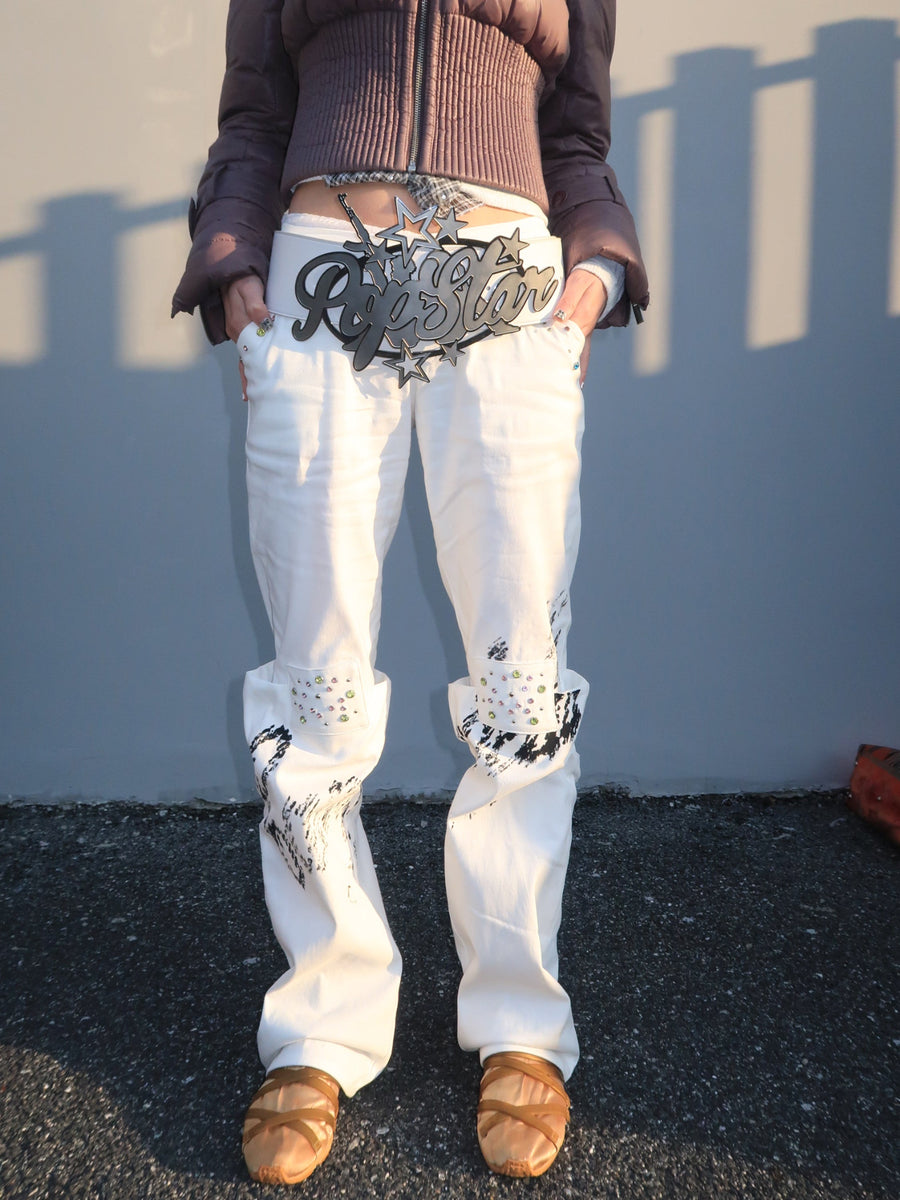 Cuffed Rivet Patchwork Rhinestone Print Faux Denim Pants [ID:0445PA]
