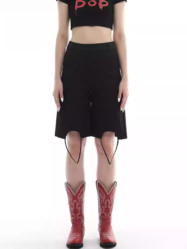Distressed Black Straight-Cut Knee-Length Bermuda Shorts [ID:0449PA]