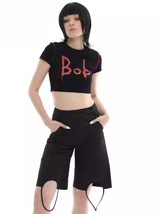 Distressed Black Straight-Cut Knee-Length Bermuda Shorts [ID:0449PA]