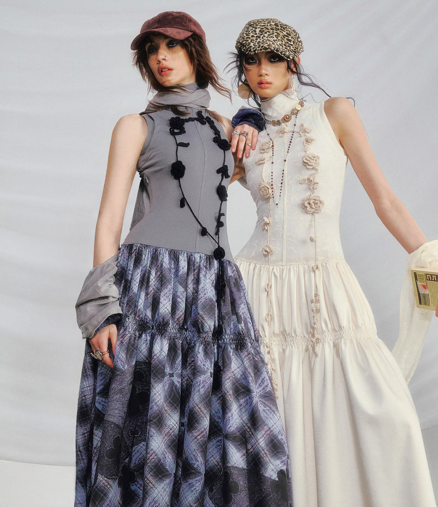 Pleated A-Line Skirt & Floral Vine Flower Ruching Patchwork Dress [ID:0454OP]
