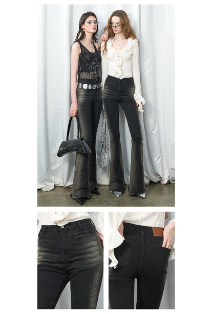 Gradient Bone Wash High-Waisted Frayed Flare Jeans [ID:0455PA]