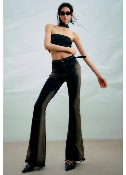 Gradient Bone Wash High-Waisted Frayed Flare Jeans [ID:0455PA]