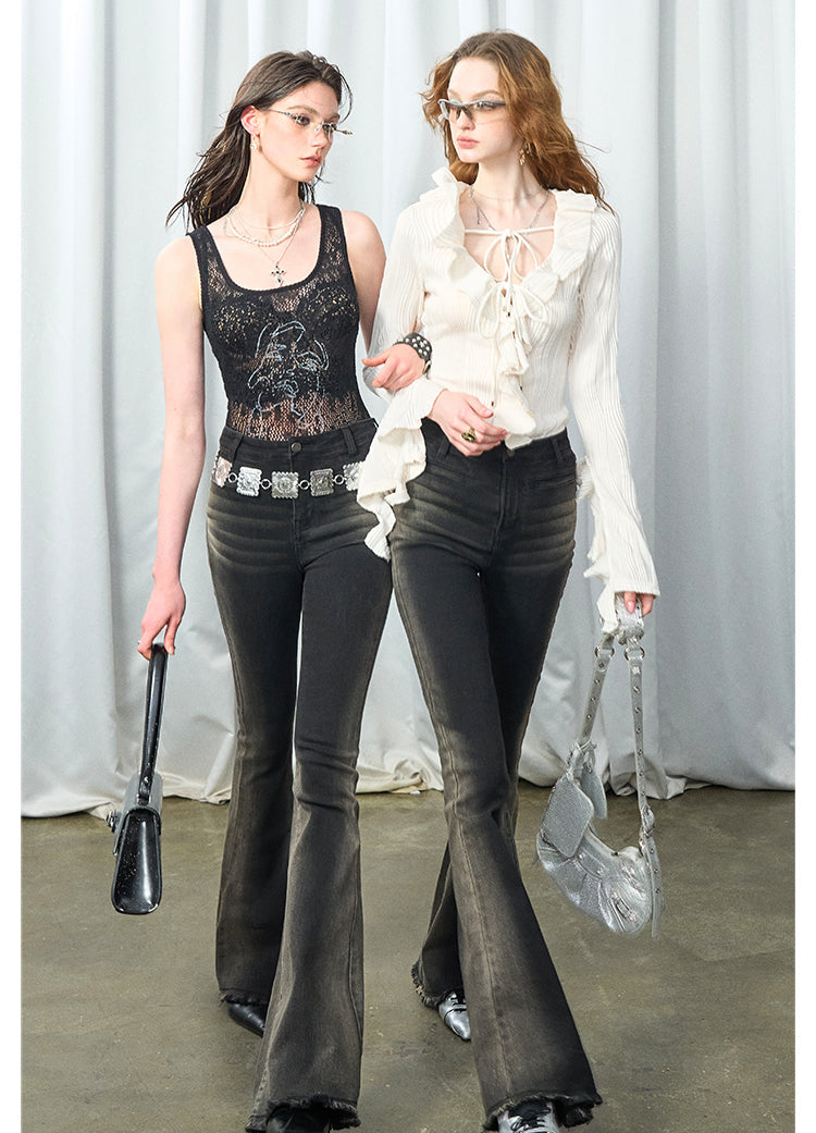 Gradient Bone Wash High-Waisted Frayed Flare Jeans [ID:0455PA]