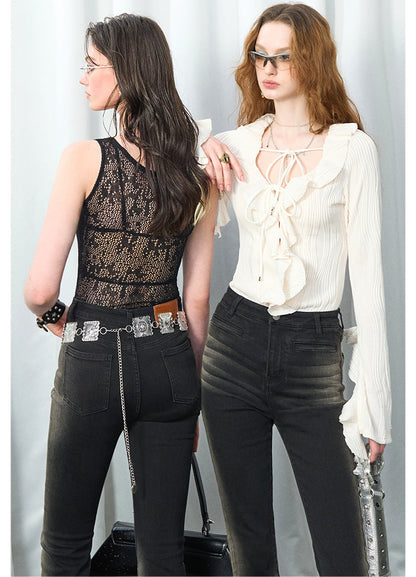 Gradient Bone Wash High-Waisted Frayed Flare Jeans [ID:0455PA]