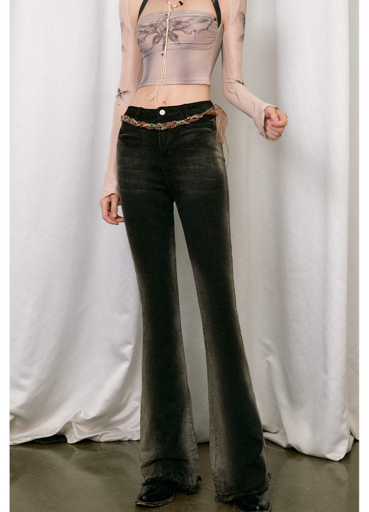 Gradient Bone Wash High-Waisted Frayed Flare Jeans [ID:0455PA]
