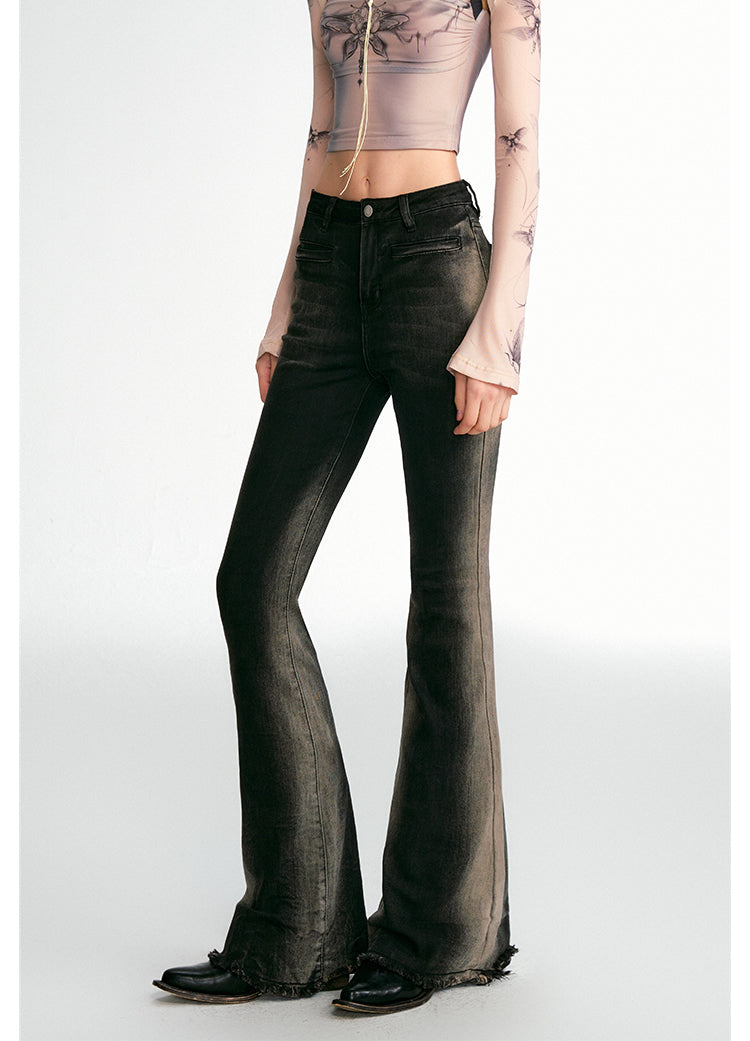 Gradient Bone Wash High-Waisted Frayed Flare Jeans [ID:0455PA]