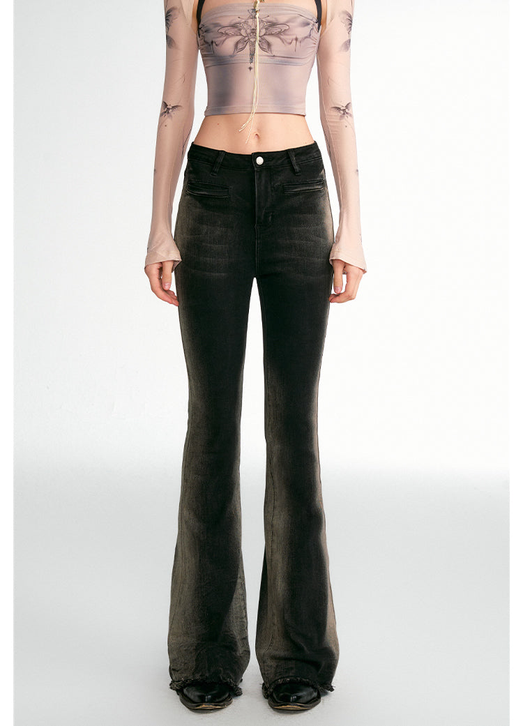 Gradient Bone Wash High-Waisted Frayed Flare Jeans [ID:0455PA]