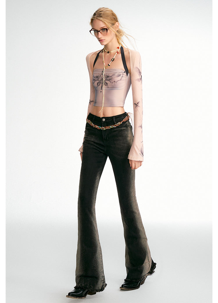 Gradient Bone Wash High-Waisted Frayed Flare Jeans [ID:0455PA]