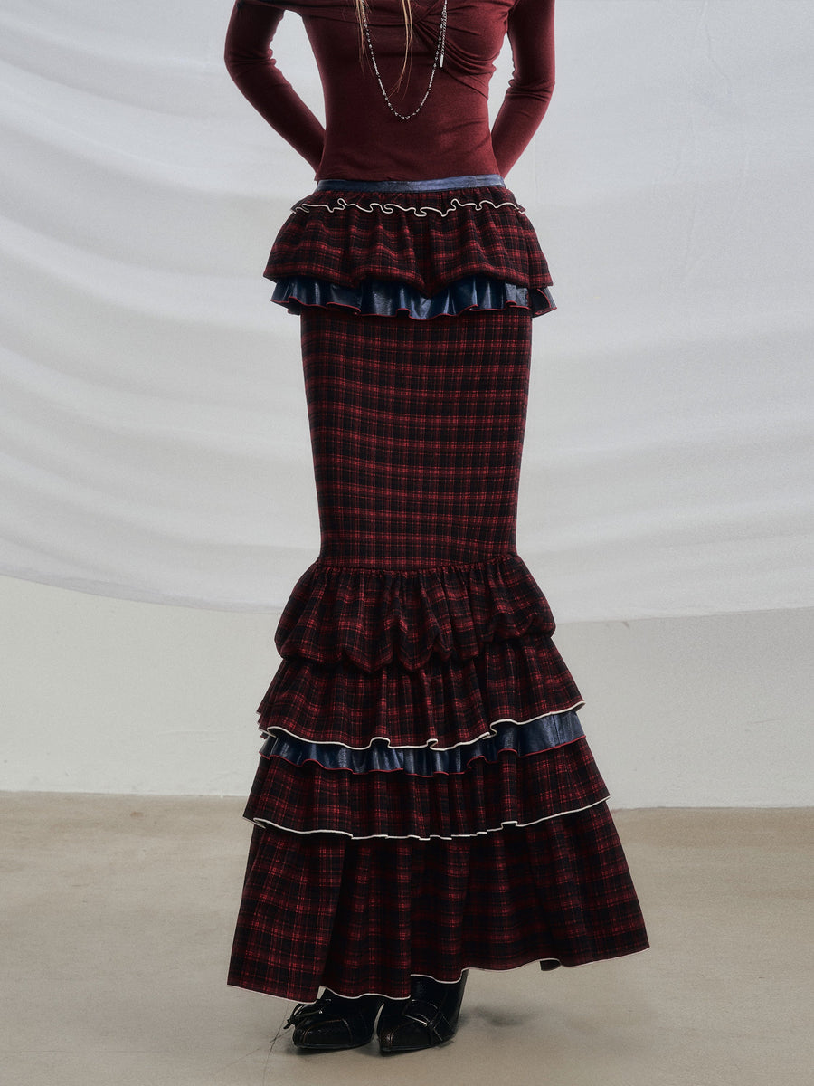 Red Plaid Color-Block with Blue Reversible Mermaid Cake Skirt [ID:0457SK]