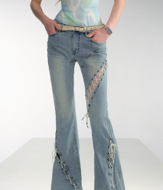 Smoked Wash Drawstring Hollow Flared Denim Pants [ID:0458PA]