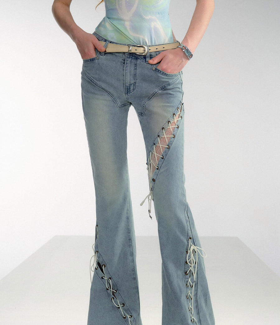 Smoked Wash Drawstring Hollow Flared Denim Pants [ID:0458PA]