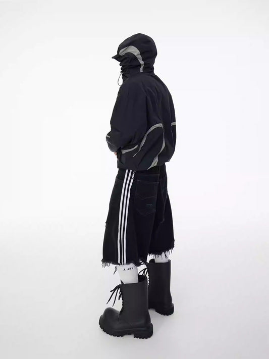 Washed Black Fringe Shorts with Triple Stripe Denim Pants [ID:0460PA]