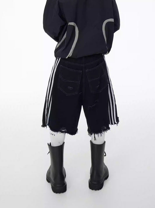 Washed Black Fringe Shorts with Triple Stripe Denim Pants [ID:0460PA]