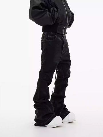 Dark Waxed with Streamer and Stacked Hem Flare Denim Pants [ID:0462PA]