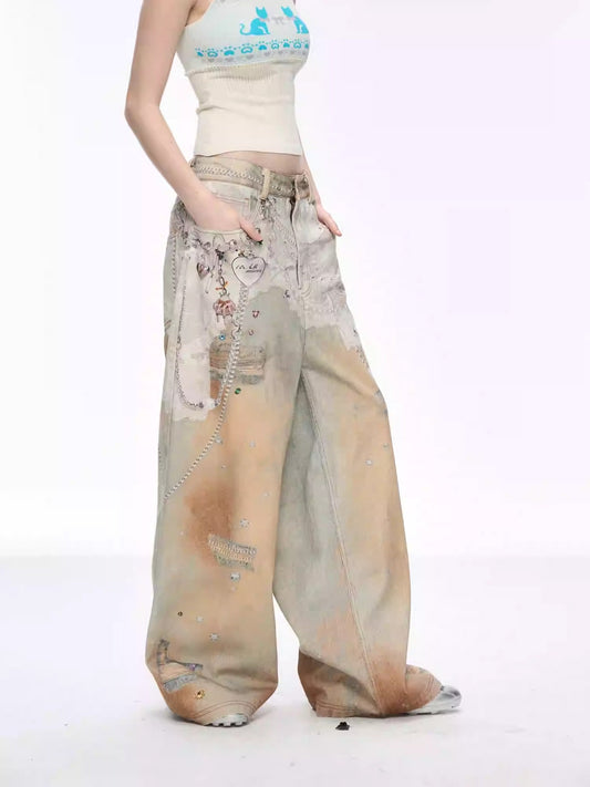 Hand-painted Lace Chain Detailed Statement Denim Pants [ID:0474PA]