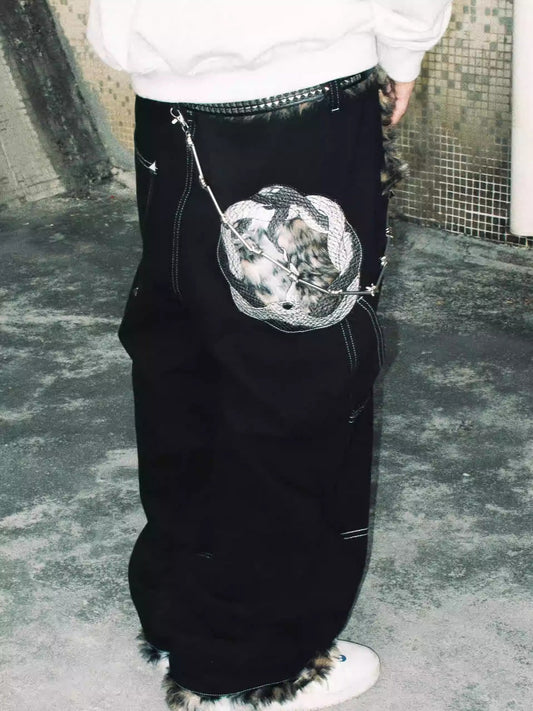 Taiji Dual Serpent Leopard Print Oldschool Skate Denim Pants [ID:0478PA]