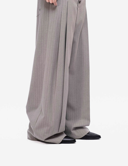 Stoic Wool Pinstripe Double-Pleat Unisex Relaxed Trousers [ID:0481PA]