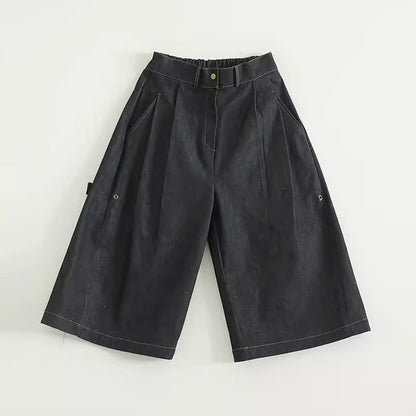 Vintage Cropped Banding Washed Blue Denim Pants [ID:0484PA]