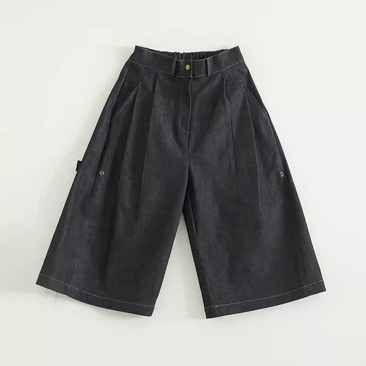Vintage Cropped Banding Washed Blue Denim Pants [ID:0484PA]