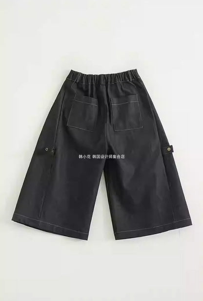 Vintage Cropped Banding Washed Blue Denim Pants [ID:0484PA]