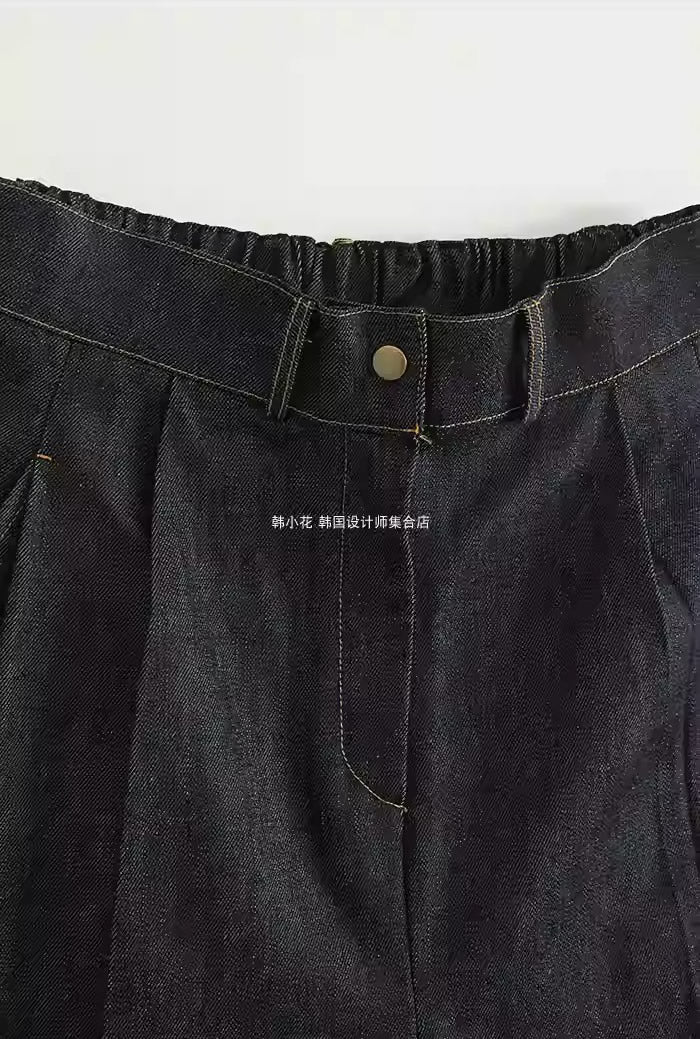 Vintage Cropped Banding Washed Blue Denim Pants [ID:0484PA]