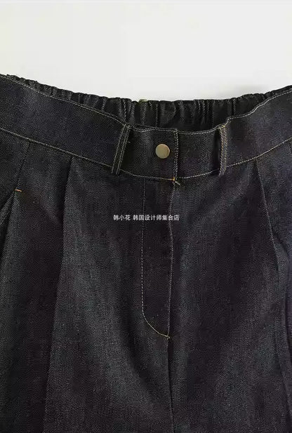 Vintage Cropped Banding Washed Blue Denim Pants [ID:0484PA]