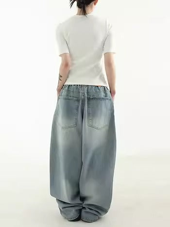 Oversized Washed Denim Balloon Banding Pants [ID:0487PA]