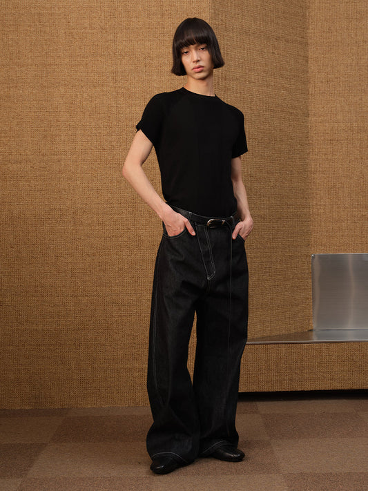 Slanted Fly Raw 12OZ Large Pocket Curved Hem Denim Pants [ID:0494PA]