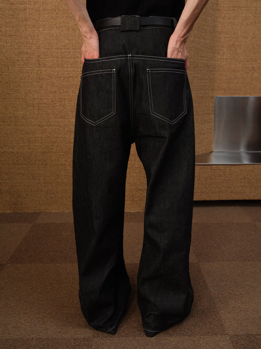 Slanted Fly Raw 12OZ Large Pocket Curved Hem Denim Pants [ID:0494PA]