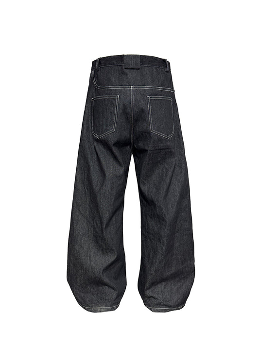 Slanted Fly Raw 12OZ Large Pocket Curved Hem Denim Pants [ID:0494PA]