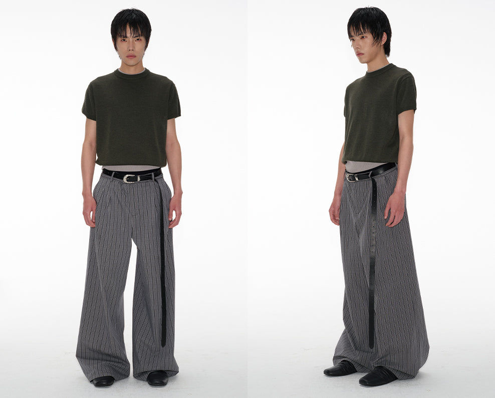 Plaid Pleated Waistband Straight Wide-leg Pants [ID:0496PA]