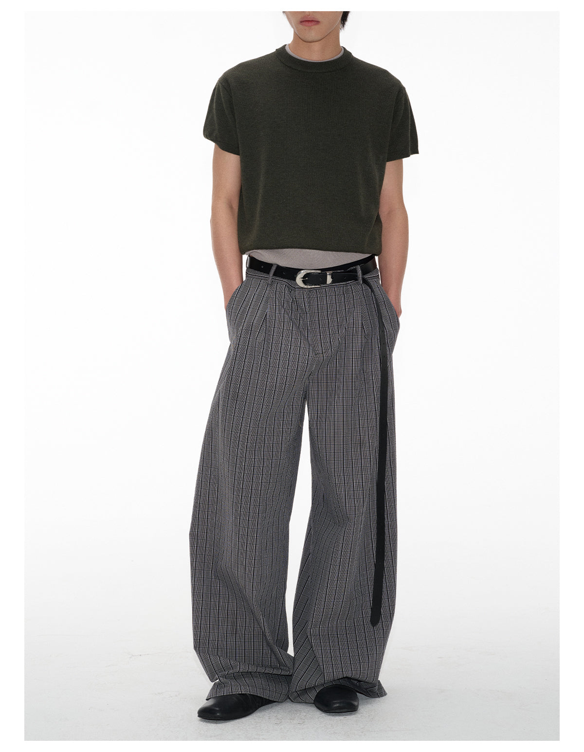 Plaid Pleated Waistband Straight Wide-leg Pants [ID:0496PA]
